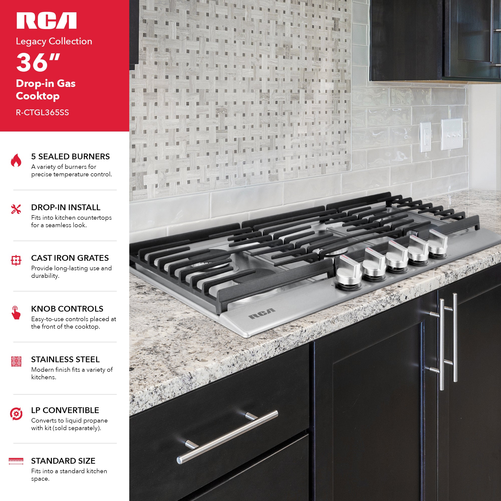 36 in. Legacy Collection Drop-In Gas Cooktop, 5 Burners, Cast Iron Grates, Metal Knobs in Stainless Steel
