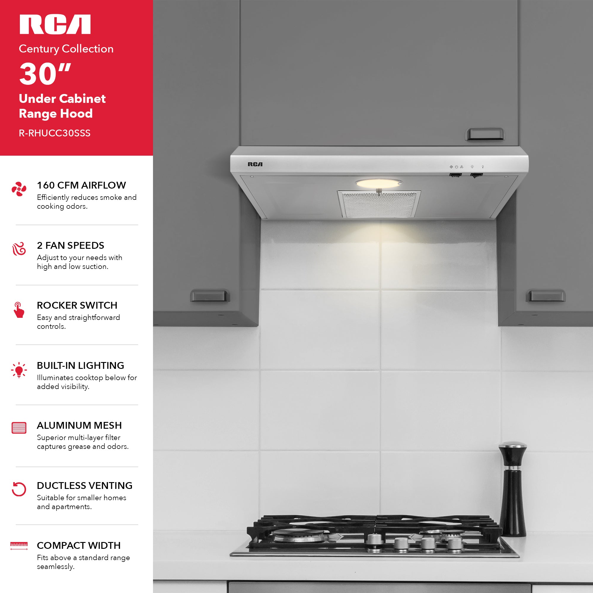 30 in. Century Collection Ductless Under Cabinet Range Hood, Reusable Filter, Rocker Switch, Light, Stainless Steel