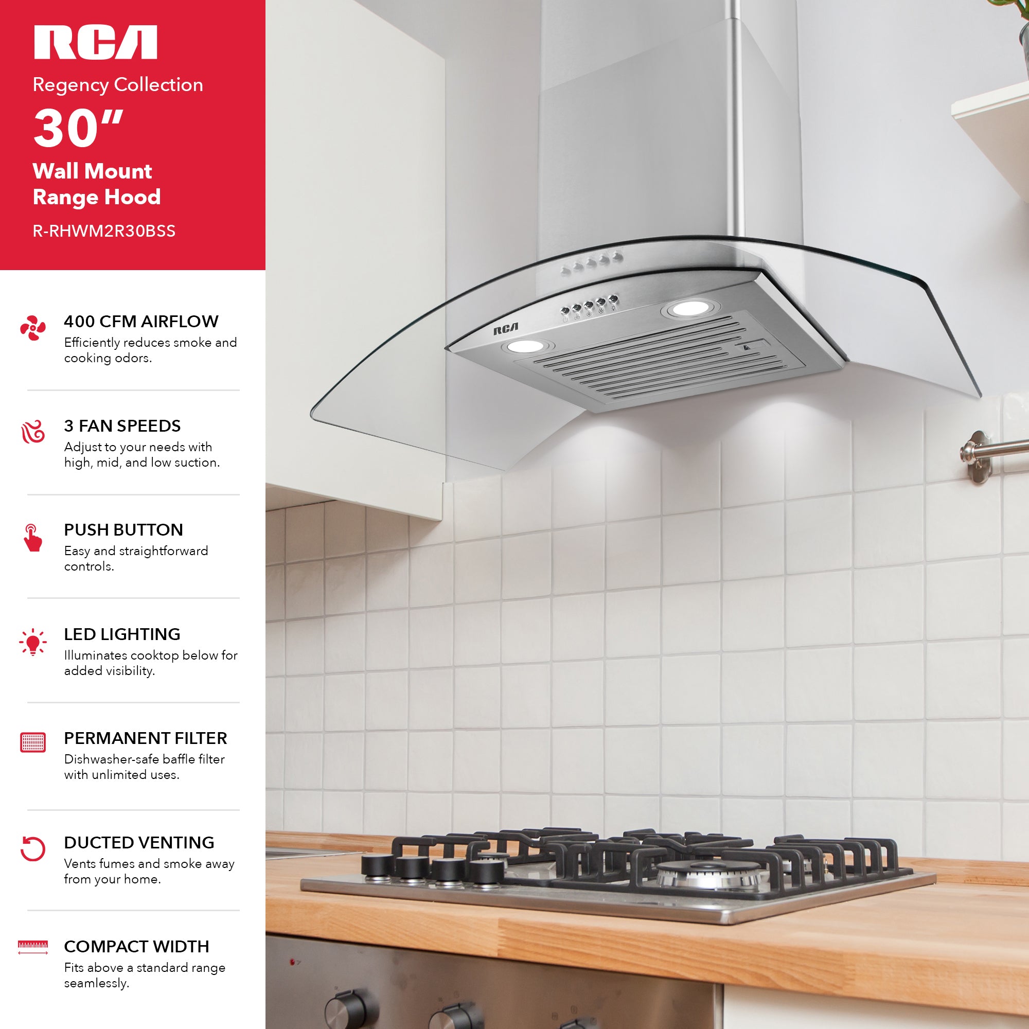 30 in. Regency Collection 400 CFM Ducted Glass Canopy Wall Mount Range Hood, Push Buttons, LEDs, Stainless Steel