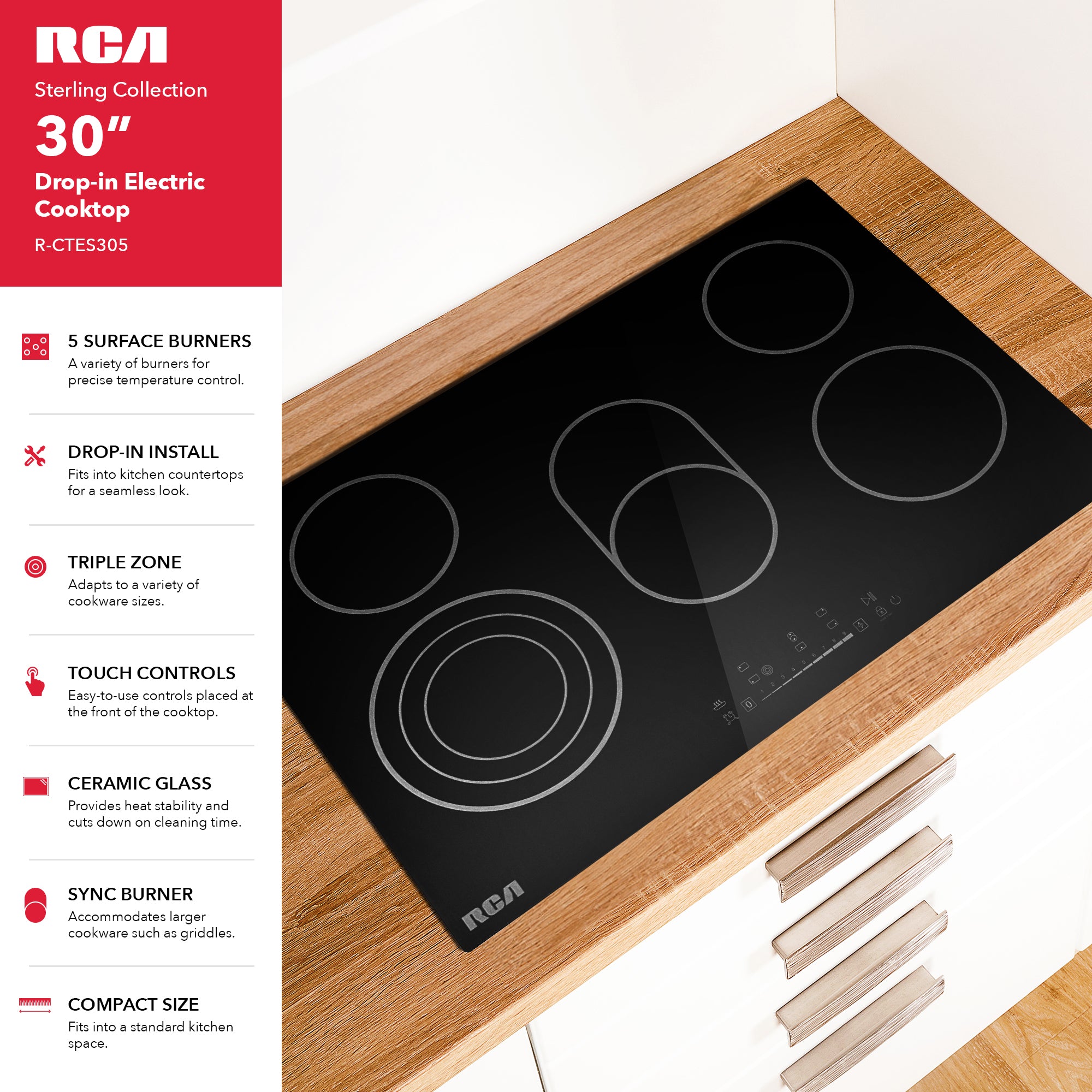 30 in. Sterling Collection Drop-In Electric Ceramic Glass Cooktop, 5 Burners, Triple Zone Element, Sync Burner