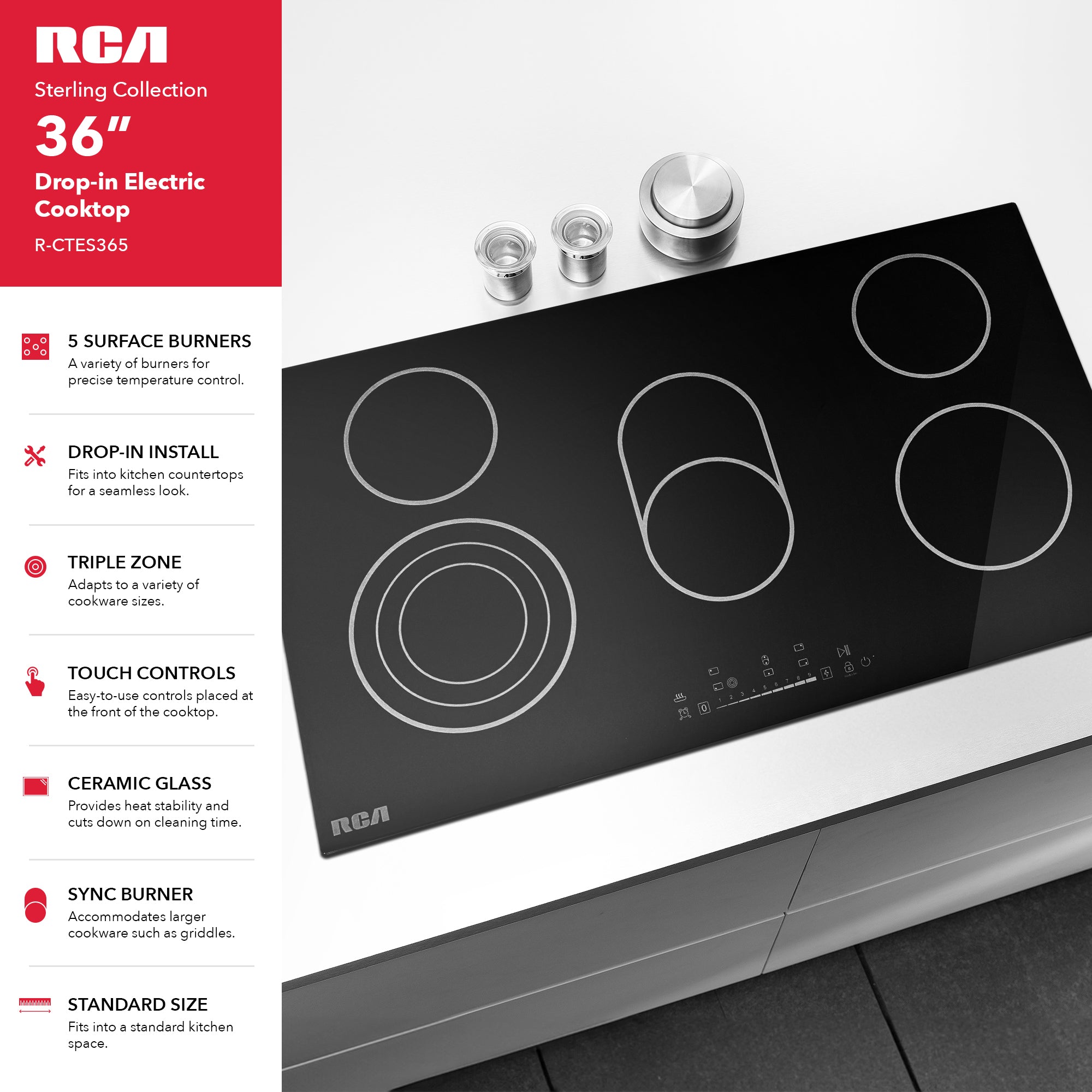 36 in. Sterling Collection Drop-In Electric Ceramic Glass Cooktop, 5 Burners, Triple Zone Element, Sync Burner
