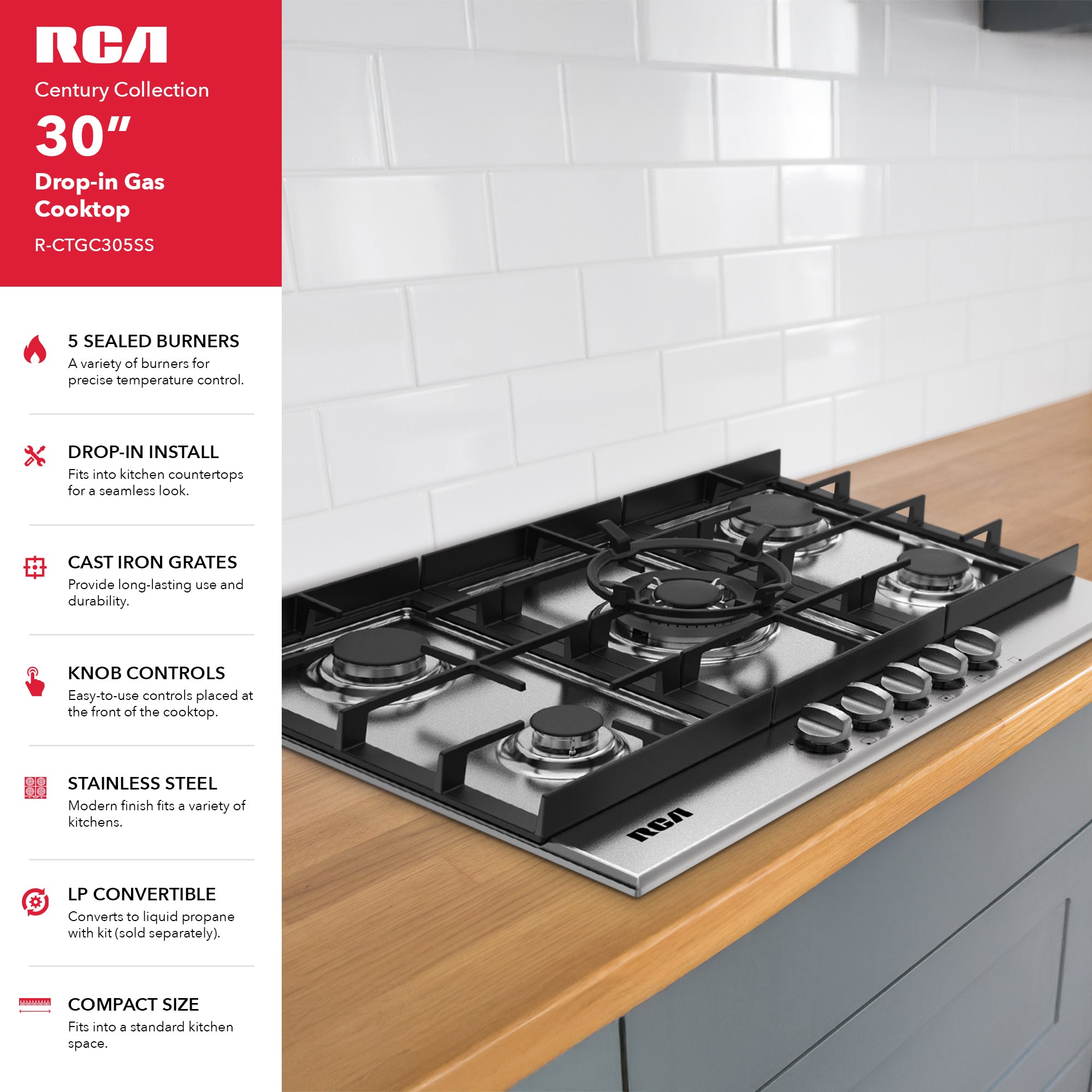 30 in. Century Collection Drop-In Gas Cooktop, 5 Burners, Cast Iron Grates, Metal Knobs in Stainless Steel