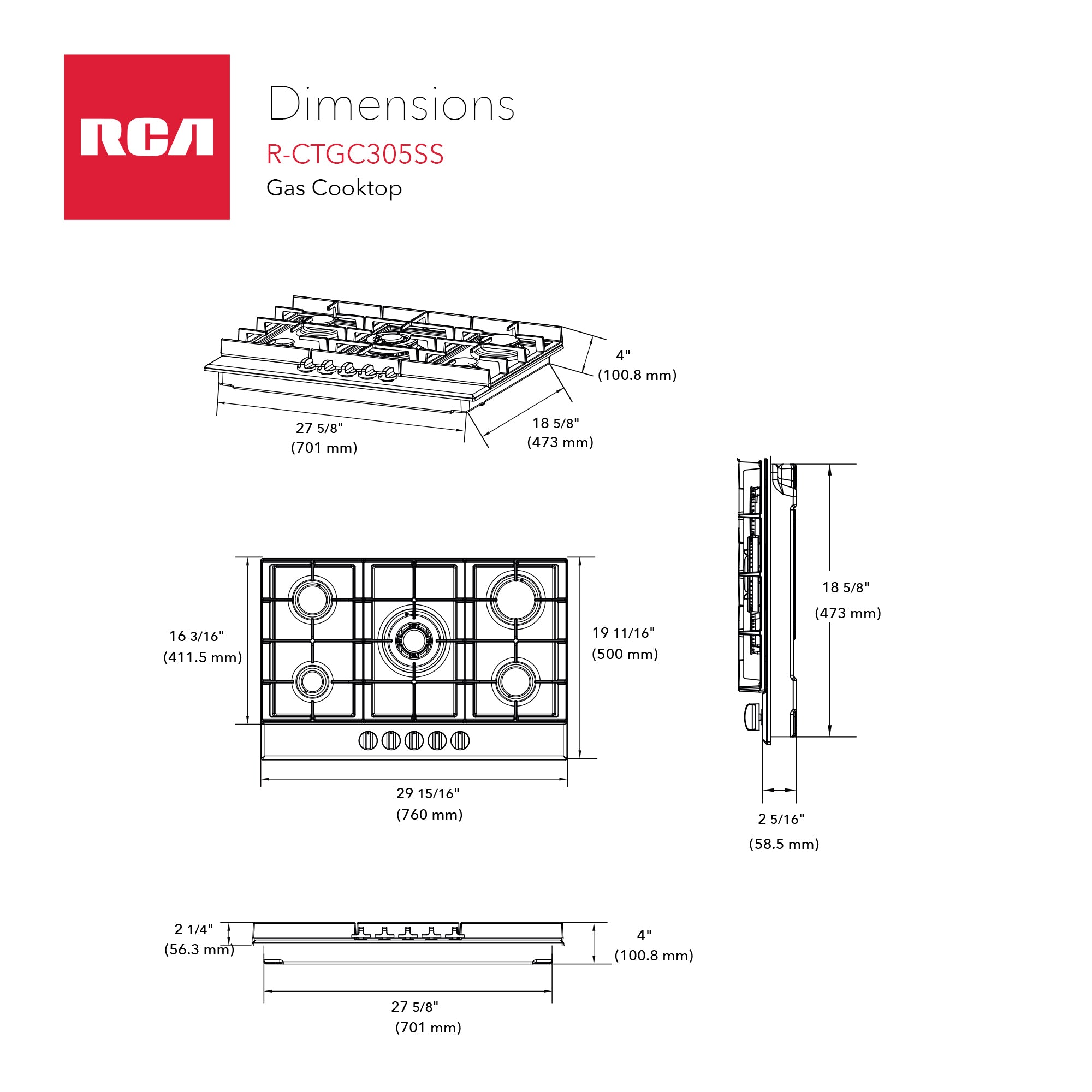 30 in. Century Collection Drop-In Gas Cooktop, 5 Burners, Cast Iron Grates, Metal Knobs in Stainless Steel