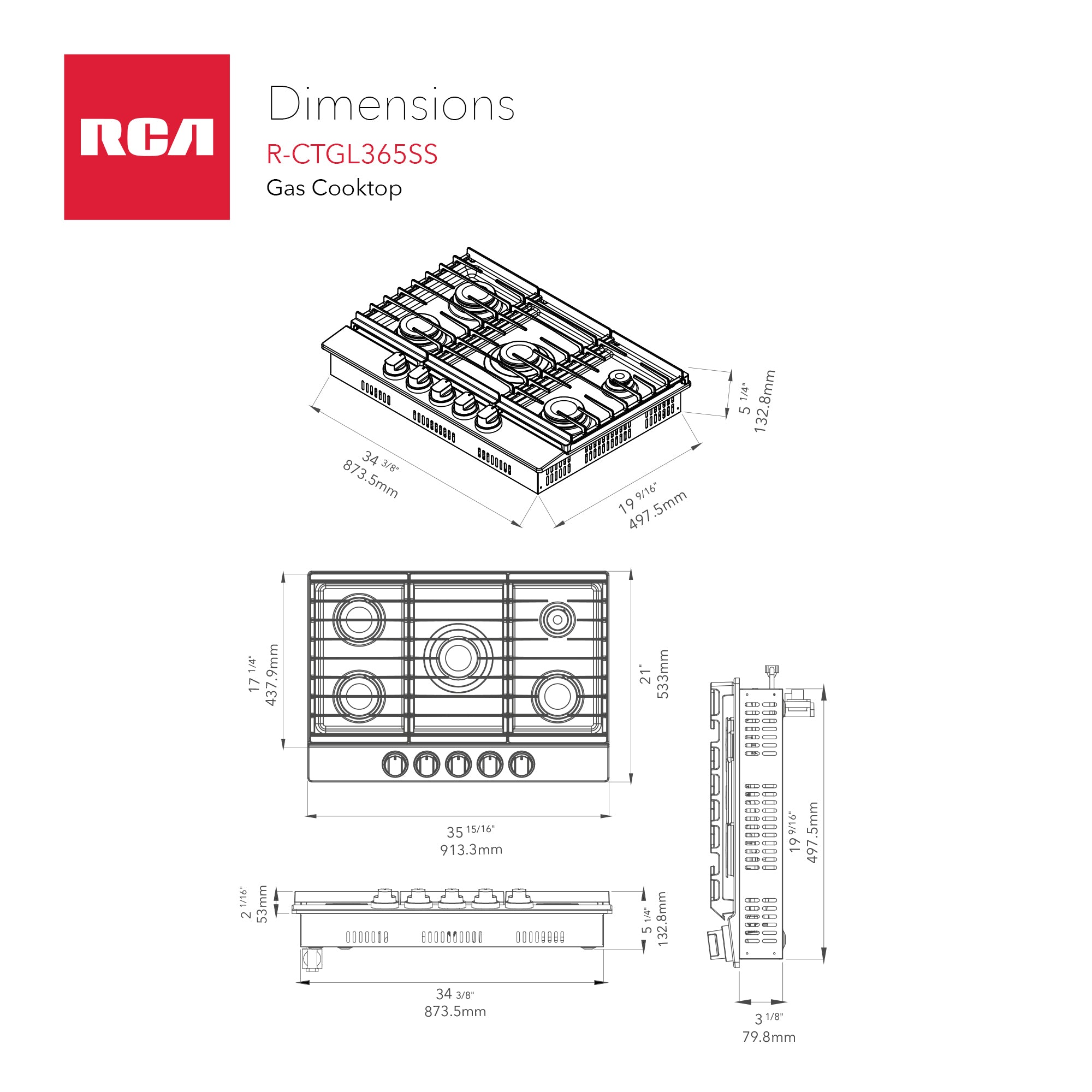 36 in. Legacy Collection Drop-In Gas Cooktop, 5 Burners, Cast Iron Grates, Metal Knobs in Stainless Steel