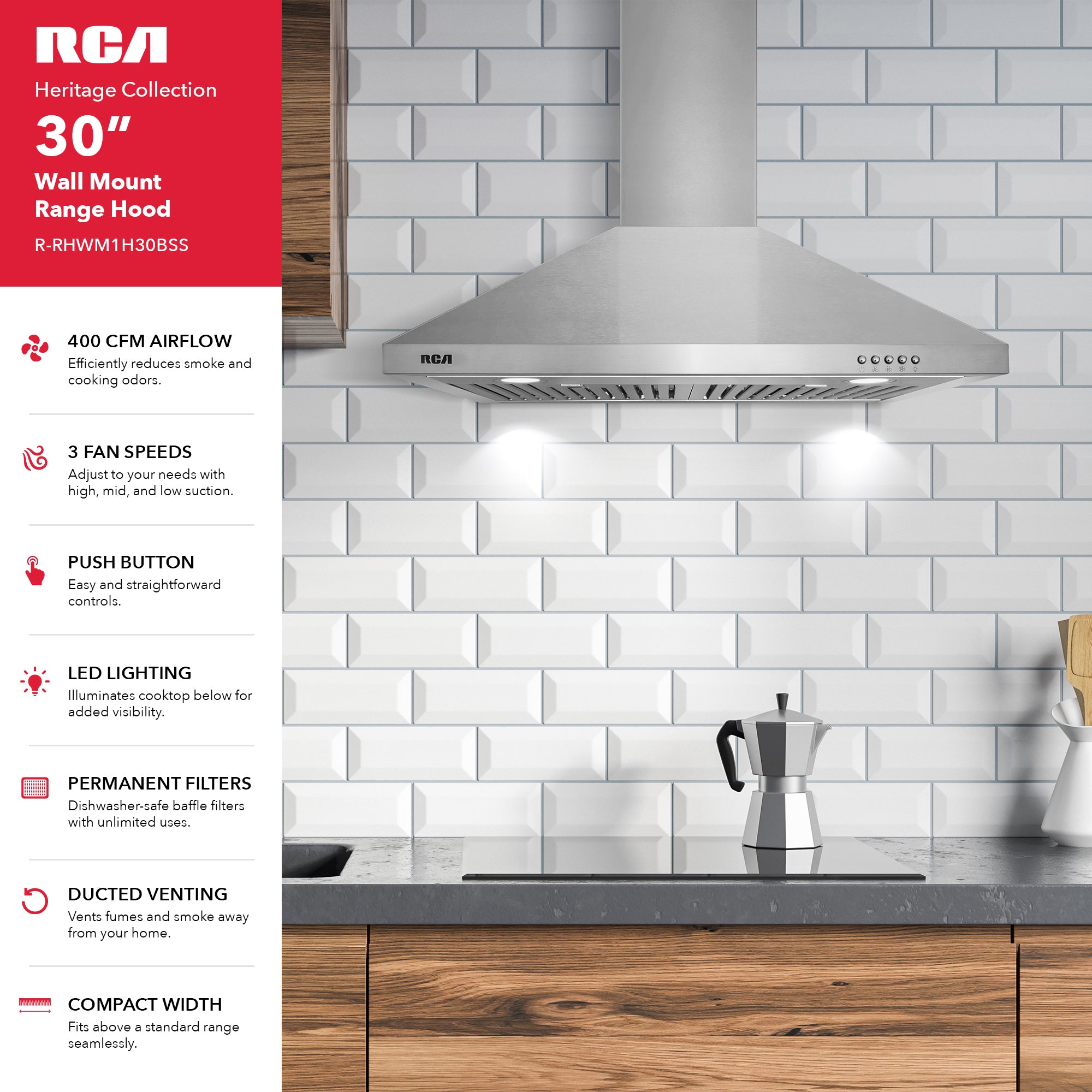 30 in. Heritage Collection 400 CFM Ducted Wall Mount Range Hood, Push Button Controls, LED Lights, Stainless Steel